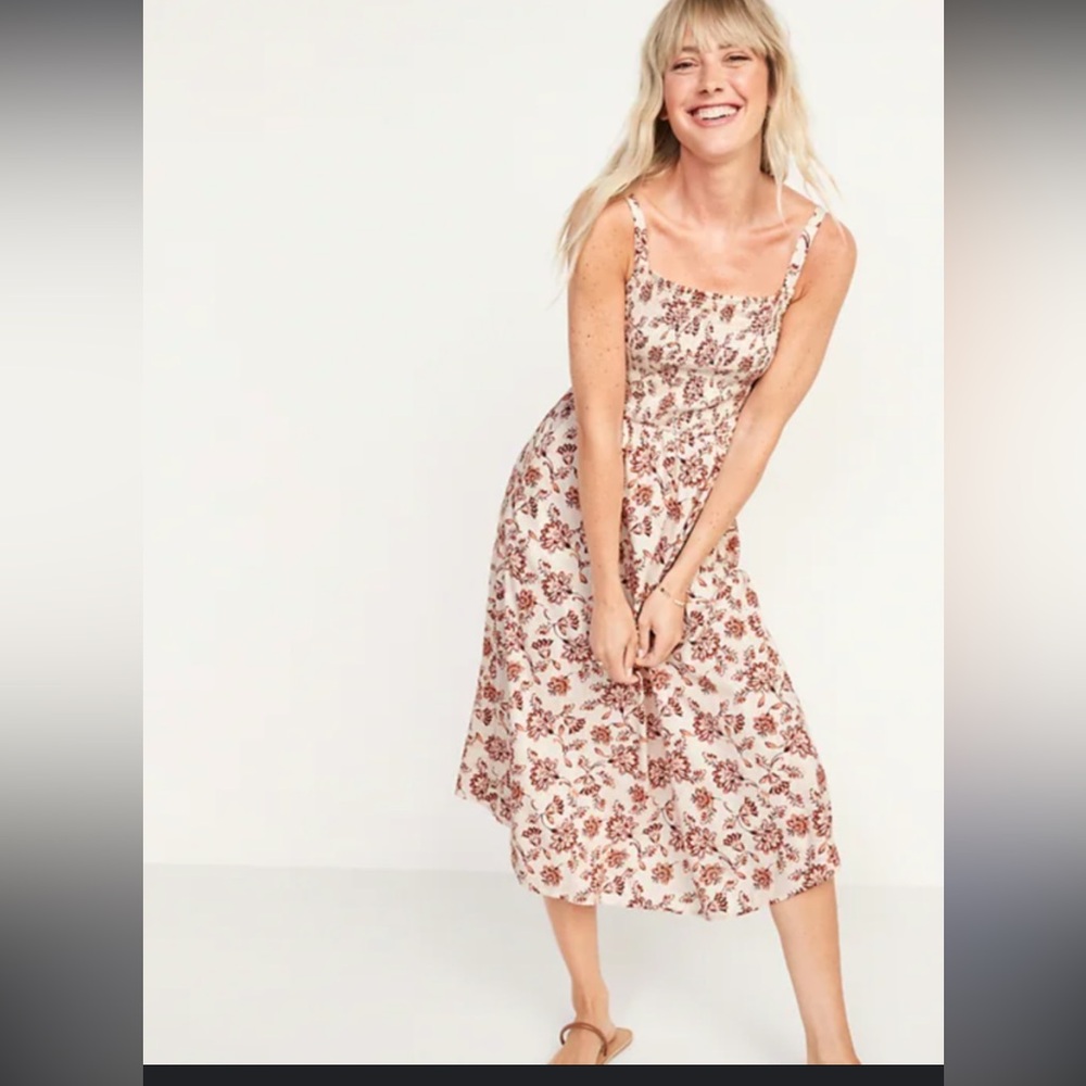 Old Navy Floral Midi Dress - Cream and Brown